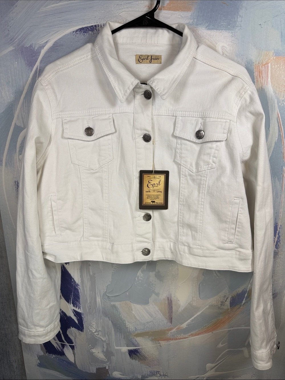 Y2K NWT Earl Jean White Denim Jacket XL Cropped Trucker Button Front Stretch
